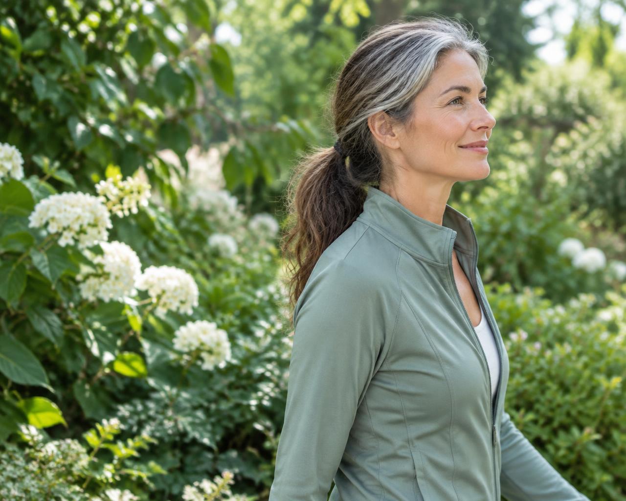 Illustrative midlife woman walking in a garden, representing everyday movement and wellbeing